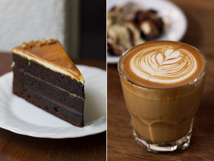  A slice of moist rather than fudge-like salted caramel chocolate cake at Sweet Blossom Coffee Roasters (left). Nothing quite like a well-crafted cup of coffee to go with your cake (right)