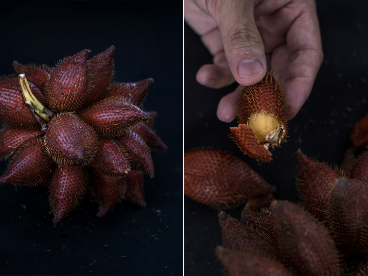 The scale-like skin of the sala fruit is why it’s also known as snake skin fruit (left). Peel the fruit to reveal the golden-hued flesh inside (right)