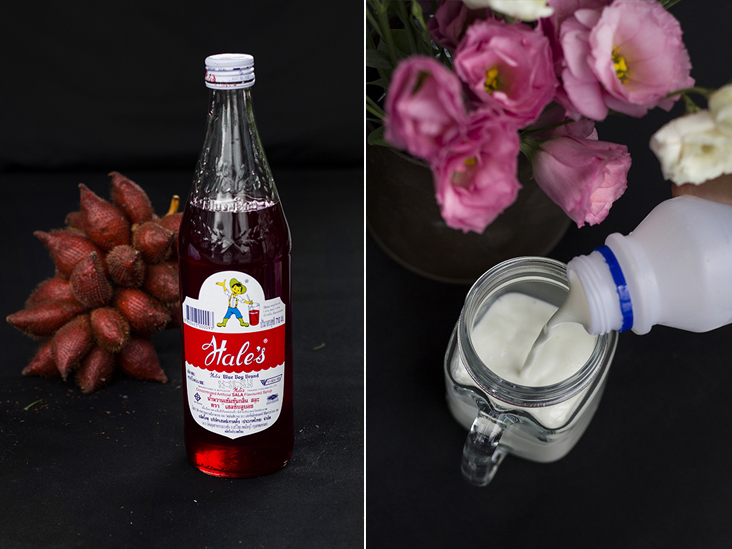 Every Thai street vendor uses this brand of sala syrup to make nom yen (pink milk) (left). Using fresh milk instead of the traditional condensed milk makes it less sweet yet creamier (right)