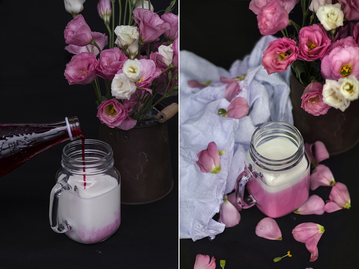 Watch the colour change as syrup is added to the milk (left). A special two tone pink milk recalls Sarawak’s three-layer tea (right)