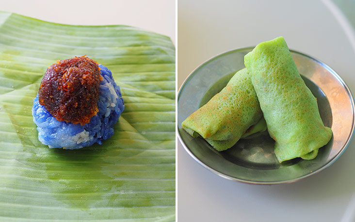 Snack on this pulut inti made with blue pea flower tinged rice topped with grated coconut flavoured with gula Melaka (left). The kuih ketayap makes a substantial dessert with its generous filling of grated coconut (right).