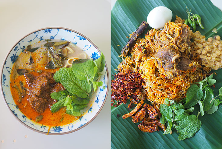 Their mutton curry noodles uses a Penang style white curry base is absolutely delicious with tender pieces of mutton (left). Burmese biryani or danbauk is a big hit with their customers for the flavourful rice served with mutton or chicken (right).