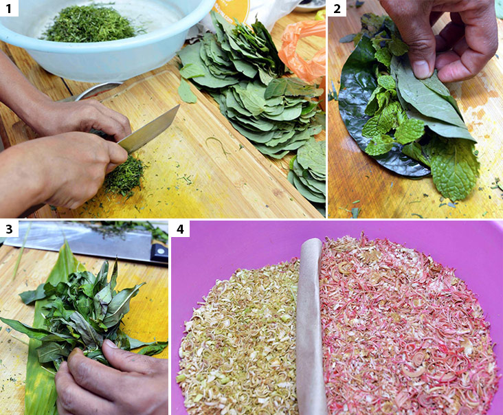 (1) The tedious part of nasi ulam involves the cutting of the fresh herbs. (2) The various herbs are rolled together before slicing them thinly. (3) Daun kesom is added to the mix of herbs. (4) Chopped lemongrass and torch ginger flower ready to be added.