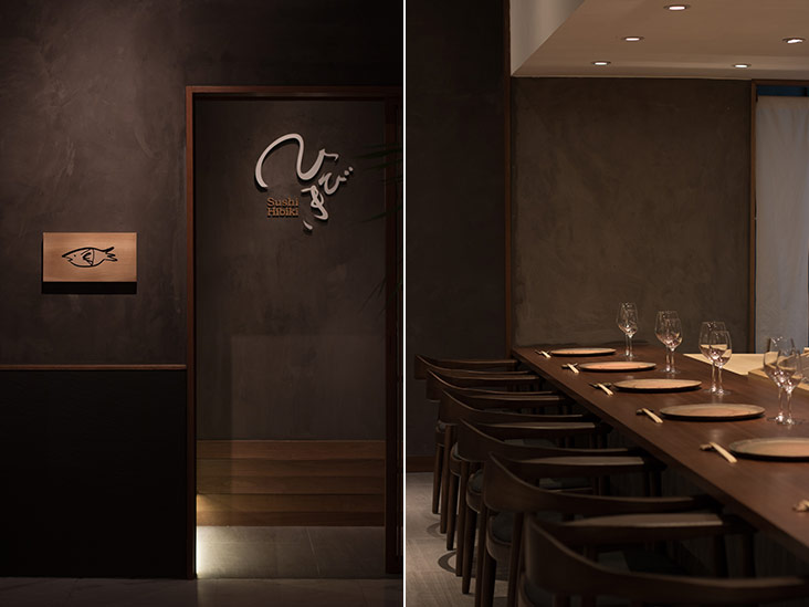 Look for this calligraphy-drawn fish to discover the hidden wonders of Sushi Hibiki (left). The stage is set at the sushi counter that seats only 9 people (right).