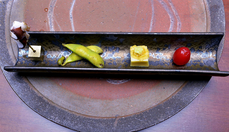 Start with an assortment of canapes of kobashira skewer, chamame, corn tofu and tomato ohitashi.