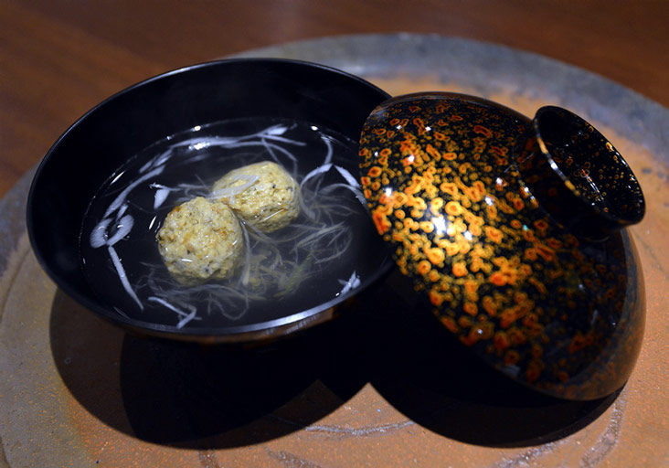 The delicate, lovely iwashi no tsumire-jiru uses homemade fishballs made with fresh sardines, carrots, spring onions, shiitake and mountain yam.