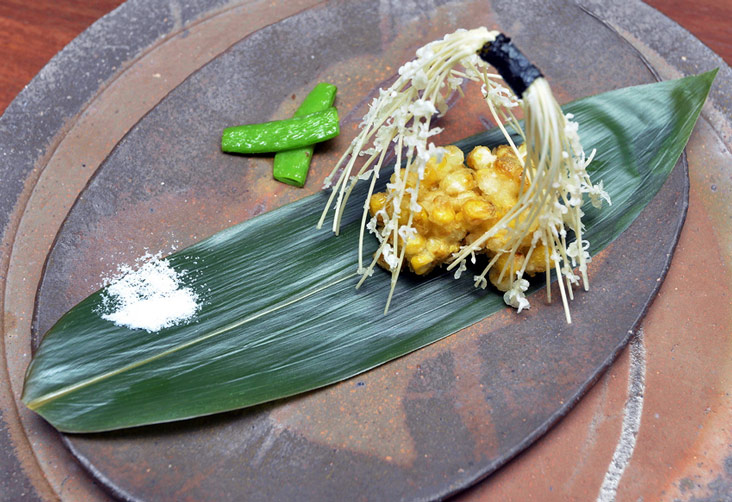 Hokkaido corn gives this light, crunchy tempura, a sweetness.