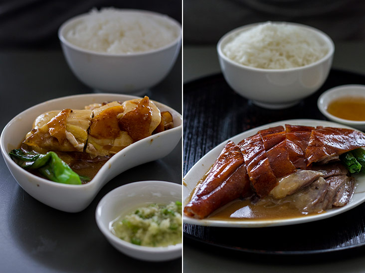 Si yao gai (soy sauce chicken) with rice (left). Solo diners may enjoy roast goose with rice at Yung Kee (right).