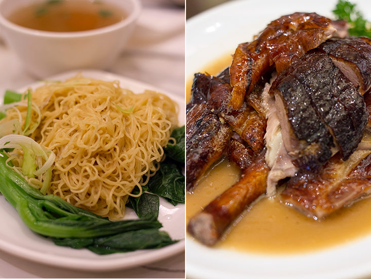 Kam’s special Prince Kinsen Noodles (left). Half a roast goose at Kam’s (right).