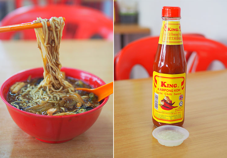 The noodles in the loh mee have a nice bouncy texture (left). Of course, only Kg Koh chilli sauce is used here (right).