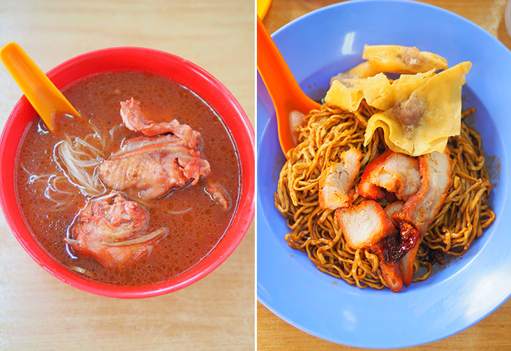 The Foochow red wine mee sua has a comforting taste, so drink up the broth! (left). Your kampua mee tossed with dark soy sauce is served with lean pieces of char siew and fried wantans (right).