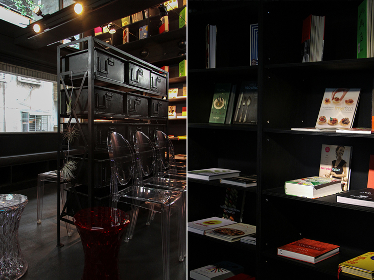 The classy interior, with plenty of chic black furnishing (left). Many of the books revolve around Italian cuisine, a nod to gelato’s country of origin (right)