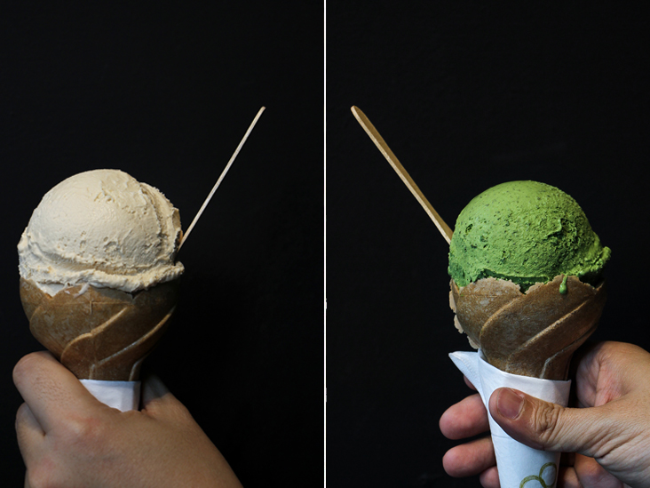 The subtly sweet hojicha (roasted green tea) with honey (left). 8% Ice use matcha from Kyoto-based Ippodo Tea Co. for their signature matcha gelato (right)