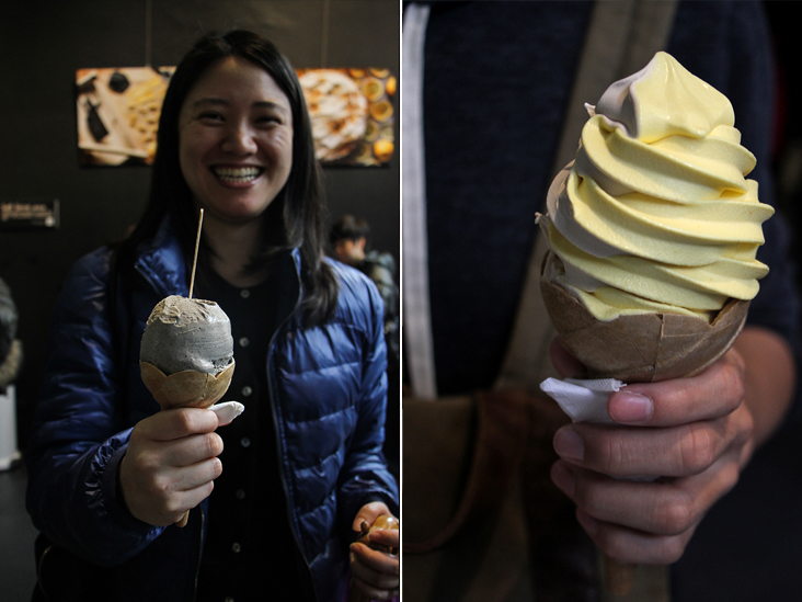 Black sesame seeds are toasted right before being ground to make this buttery, nutty gelato (left). Besides gelato, handmade soft-serve ice cream are popular too (right)