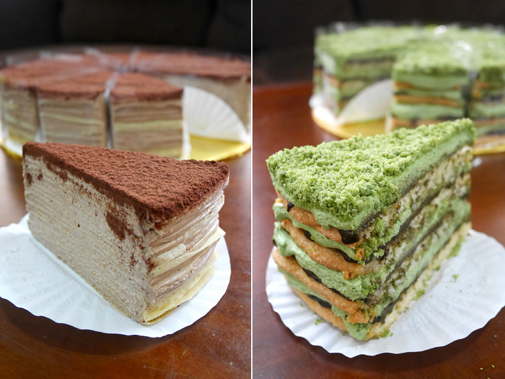 Nutella Mille Crêpe will delight fans of the chocolate hazelnut spread (left). A slice of Tan’s Green Tea Opera Torte for matcha lovers (right)