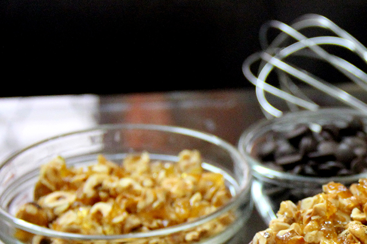 Ingredients such as chocolate chips and various caramelised nuts