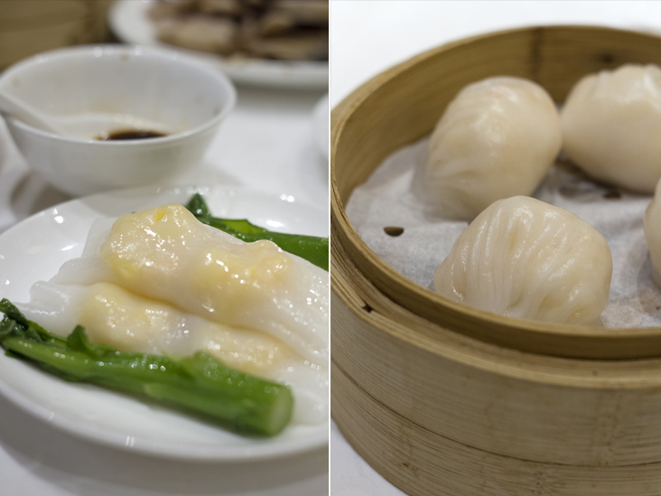 Steamed rice rolls with fresh shrimps (song wat sin hacheong) (left). Fresh shrimp dumplings with bamboo shoots (sun jim sin har gow) (right)