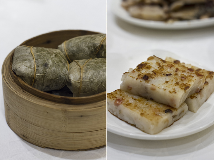 Steamed lotus leaf wrapped glutinous rice with dried scallops and chicken (yiu ju zanju gai) (left). Pan-fried turnip cakes with preserved meat (hiongjin lorbak gou) (right)