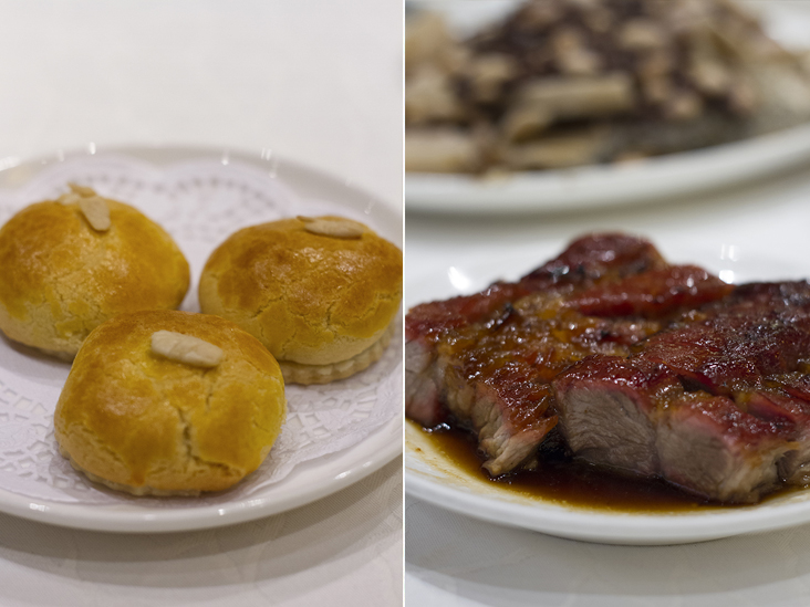 Barbecued pork pastry (chasiu sou) (left). Honey glazed barbecued pork (mat zhap chasiu) (right)