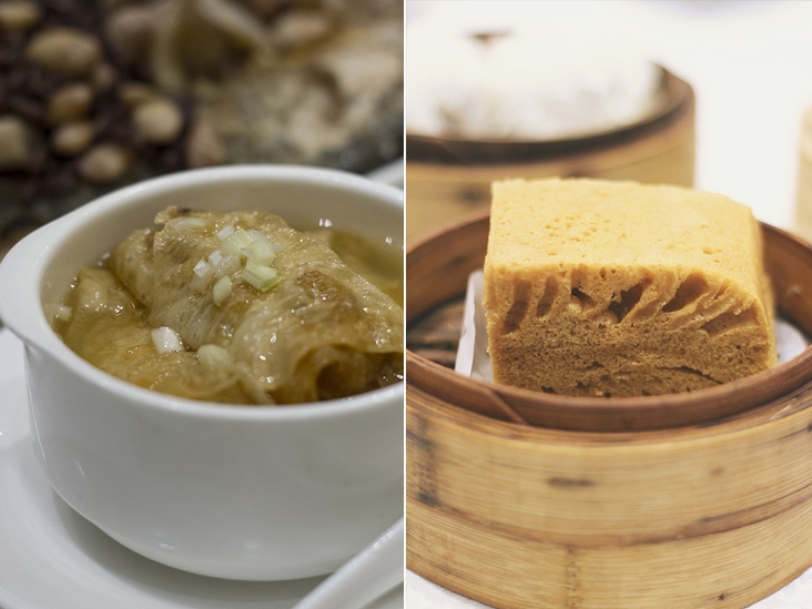 This bean curd skin dim sum is as silken as the finest Japanese yuba (left). Steamed traditional brown sugar sponge cake (malai gou) (right)