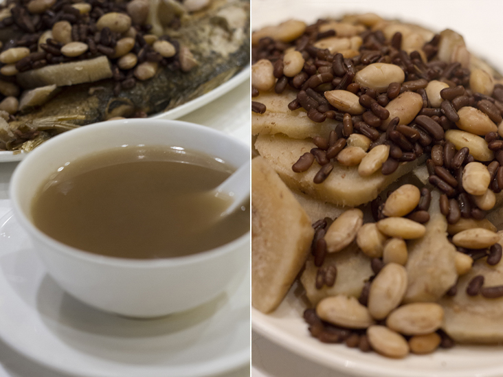 A nourishing bowl of the soup of the day (left). Servers will bring you the “stuffing” that goes into your soup (right)