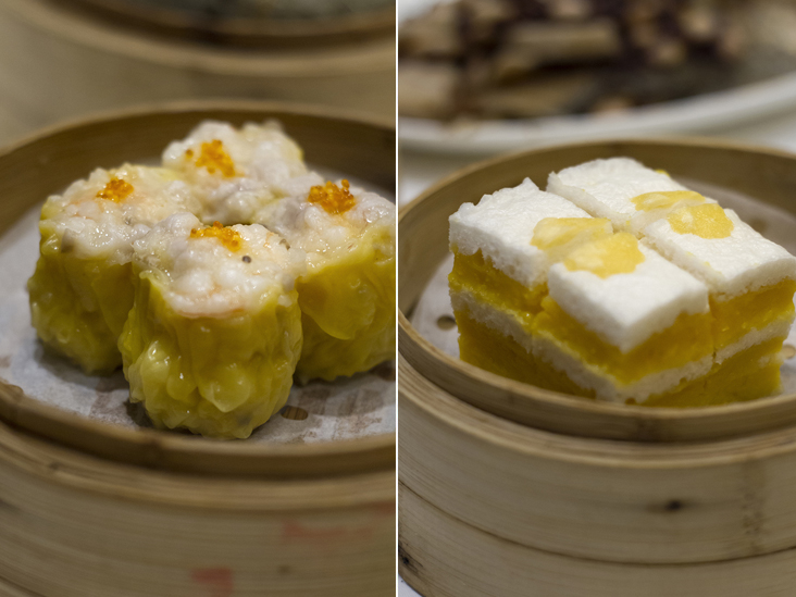Pork dumplings with crab roe (hai zi zheng siumai) (left). Steamed layered cake with salted egg yolk (fungwong qinzhang gou) (right)