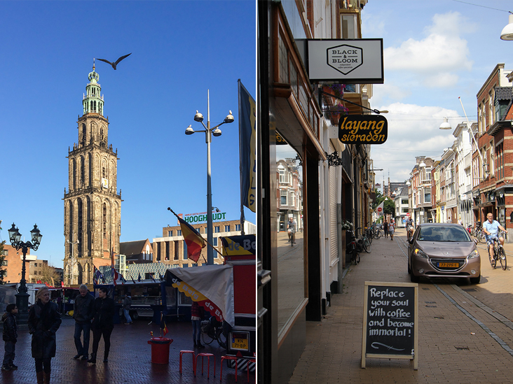  The iconic Martinitoren (St. Martin’s Tower) (left). Students flock to Black & Bloom in the late afternoon for coffee (right)