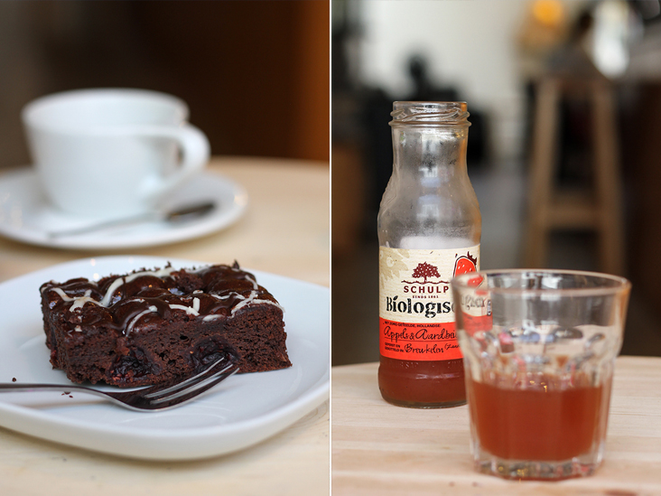 Sinfully rich chocolate brownie, perfect with drip coffee (left). Drink local: organic apple and strawberry juice by Schulp (right)