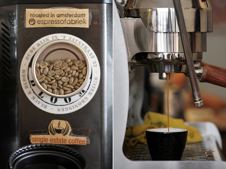 Locally roasted coffee beans by Amsterdam’s EspressoFabriek (left). Pulling a ristretto shot (right)