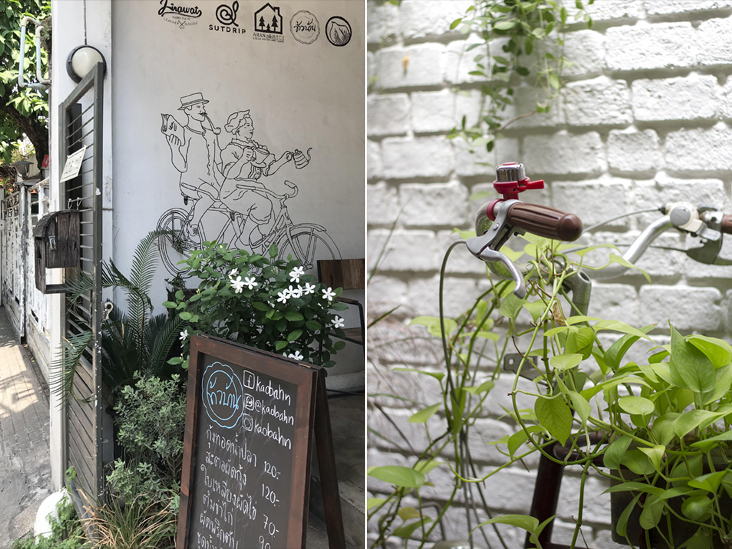 Enter Kaobahn and enjoy “food from home” (left). Even the bicycle feels at home, allowing creepers to adorn it! (right)