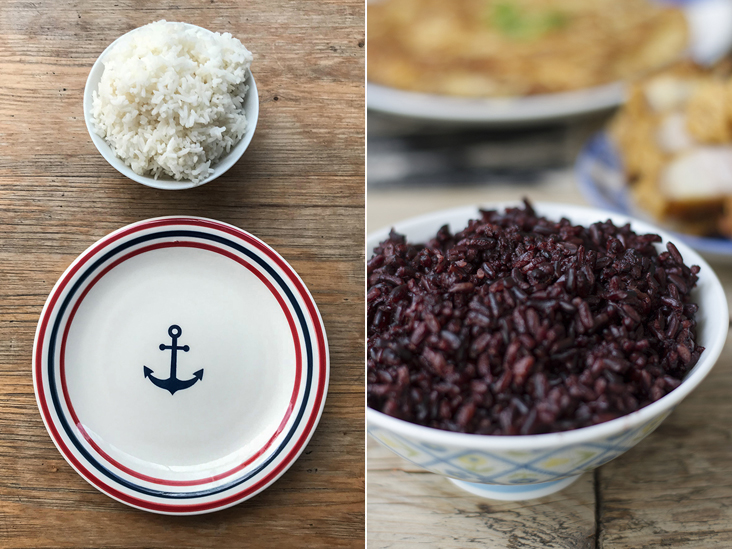 No Thai meal would be complete without a bowl of fluffy jasmine rice or kao (left). For more bite, try the kao niow dahm, a long grain glutinous rice purplish black in colour (right)
