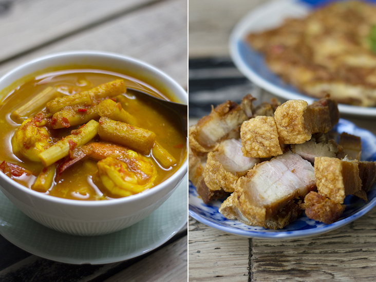 Gaaeng leuuang saai buaa (Southern Thai spicy sour yellow curry with lotus stems) (left). The very addictive moo grob (crispy pork) (right)