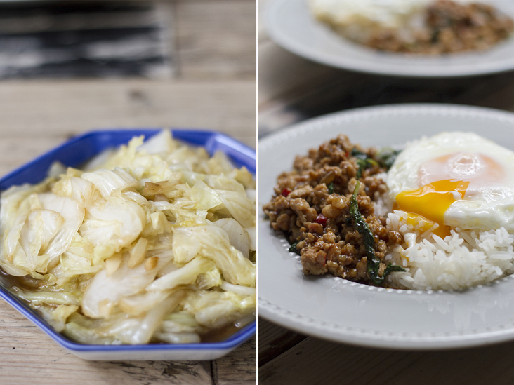 Simple but scrumptious: ka lum plee pad nam pla (stir-fried cabbage with fish sauce) (left). Every Thai child’s favourite: pad krapao (minced pork stir-fried with Thai holy basil and chillies), topped with a fried egg (khai dao) (right)