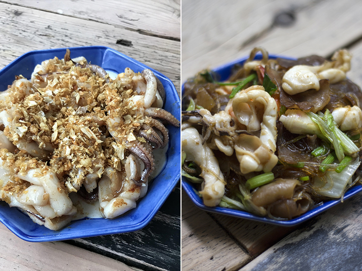 Pla muek tod krathiam (squid fried with garlic) (left). Thai-style glass noodle stir-fry or pad wun sen has Hainanese origins (right)