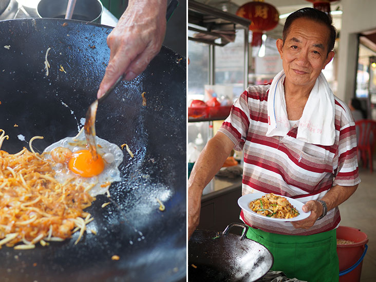 Opt for duck egg with your char kway teow for a richer taste (left). Eng Kim Soong has been frying char kway teow since 1972 (right).