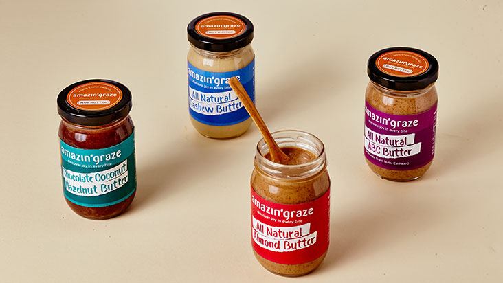 The selection of their nut butters are easy to spot with their bright coloured labels.