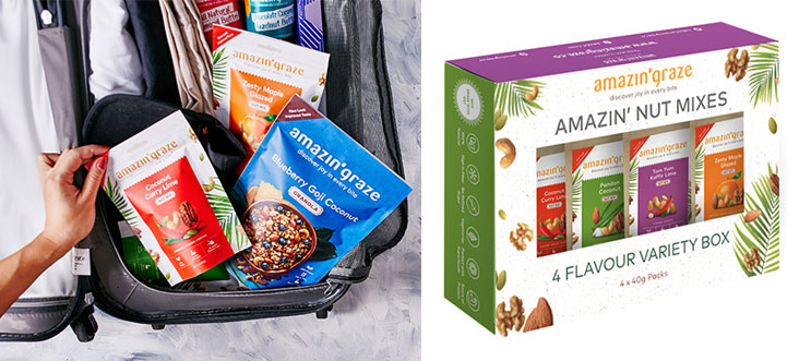 Pack up your Amazin’ Graze healthy snacks to keep fit during your travels (left). You can purchase their healthy snacks in various sets, if you’re buying in bulk (right).