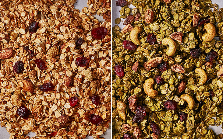The salted gula Melaka granola has been a firm favourite of their customers since they introduced it, three years ago (left). Matcha flavours enhance the granola with cashewnuts, oats and cranberries (right).
