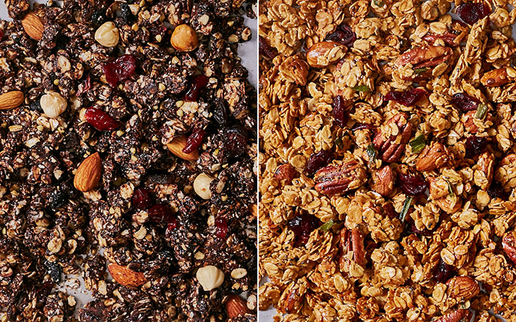 Take a bite of their hazelnut black forest granola and you'll be hooked on the chocolate flavours (left). An ingenious pairing of coconut kaya with granola to evoke our tastebuds for local fare (right).
