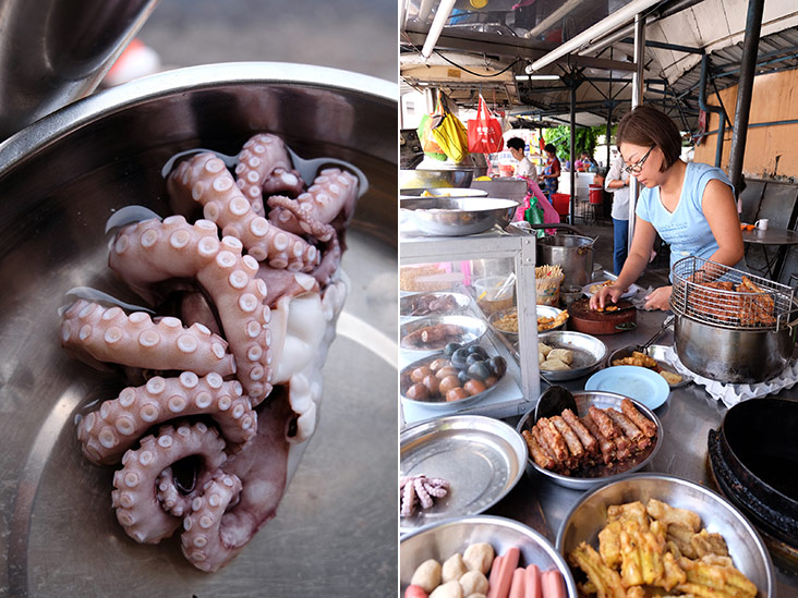 Boiled octopus at the stall (left). Quah Chiew Guat preparing lor bak at her stall (right).