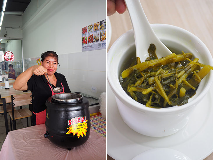 You can get tong sui like red bean soup to enjoy after the meal (left). You can order a variety of soups, like this one served with watercress (right).