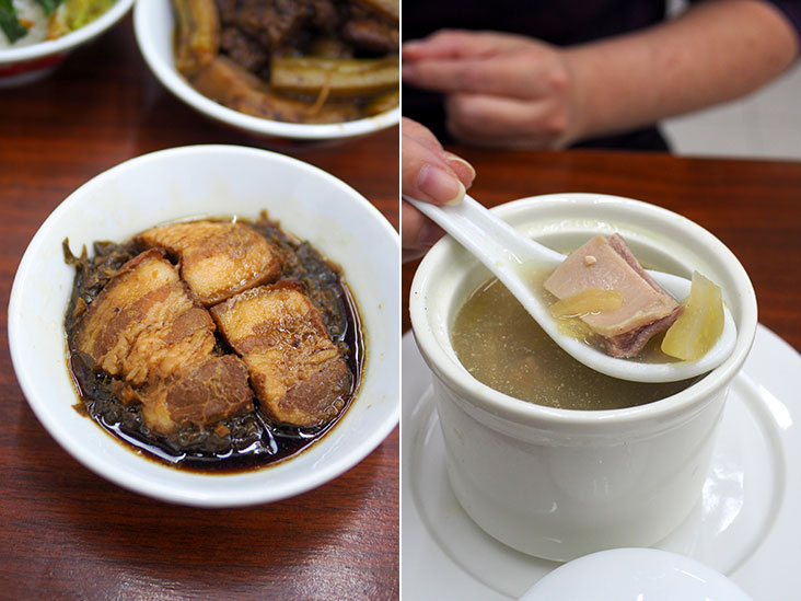 Preserved mustard cabbage is paired with tender pork belly slices for a satisfying meal (left). Their pig maw pepper soup with lettuce has a very mild peppery taste (right).