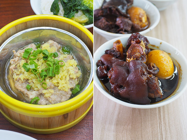 The fluffy meat patty topped with chopped ginger has just the right mixture of meats and fats (left). The must-eat is their tender ginger and vinegar pork trotters with its balanced flavours (right).