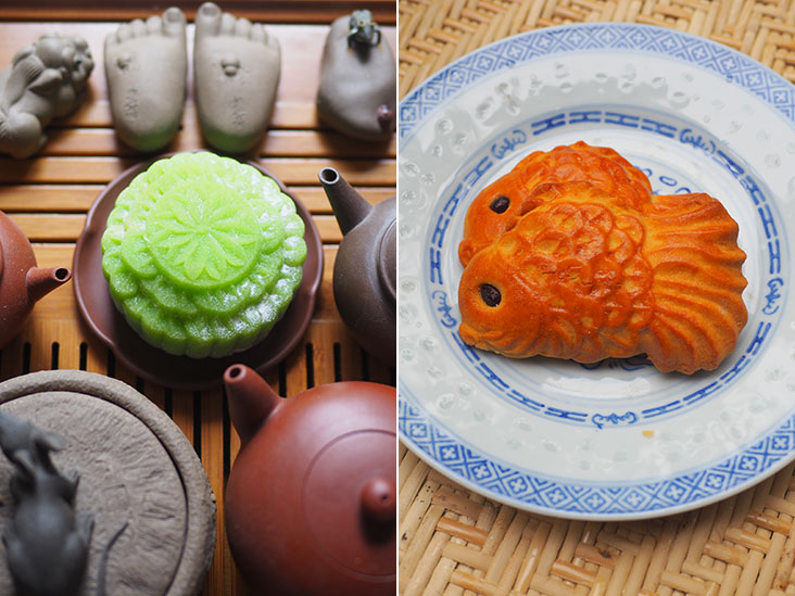 Seong Ying Chai’s ping pei or snowskin mooncake is exceptional with its soft, supple skin (left). These fish shaped biscuits are made from the chewy mooncake crust (right).