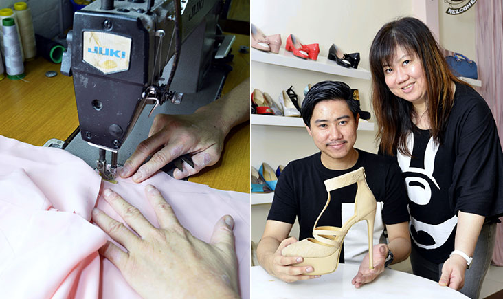 Once the pattern is cut, the fabric is sewn using a sewing machine (left). Karina Ng’s protege is Jackson Lee, a qualified psychologist who has a deep interest in shoes and computers (right).