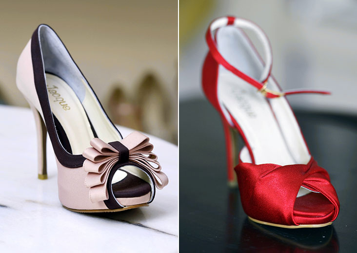 Their Jacquelee line of shoes is available on the website (left). Look elegant in any party with this hot red number (right).