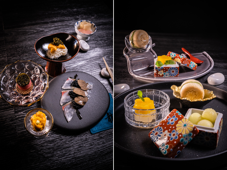 Menu items from Sushi Ryu include premium ingredients like caviar and uni (left). Seasonal desserts are available at Sushi Ryu (right)