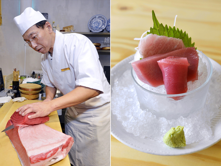 Tsukiji No. 8’s chef Usami Yasuro cuts up the bluefin tuna (left). Three cuts of tuna from maguro, chutoro and otoro at Tsukiji No. 8 (right)