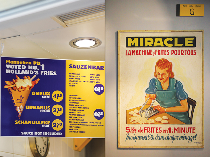 Manneken Pis, located along the Damrak, offers three different sizes of Vlaamse Frites (left). A vintage poster advertising potato peelers (right)