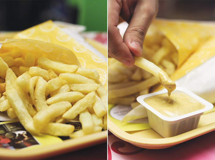 The paler yellow of the Frietmuseum canteen’s frites (left). Take a dip (right)